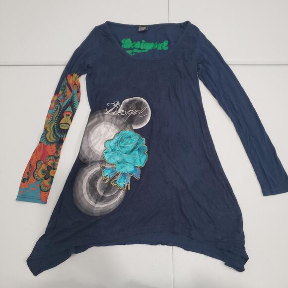 Desigual Tunic Shirt Womens Small Blue Long Sleeve Asym Hem Floral Boho - Picture 1 of 6